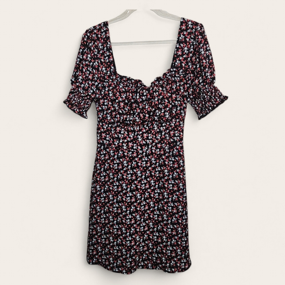 Row A Black Ditsy Floral Puff Sleeve Mini Dress Size Small 90's Babydoll